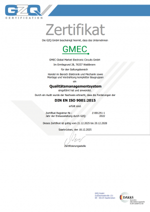 GMEC, Zertifikat Dienstleistungen und Handel im Bereich Elektronik und Mechanik sowie Montage und Verdrahtung kompletter Baugruppen
