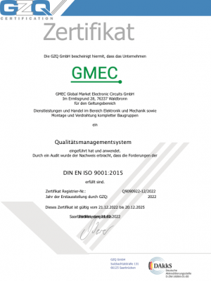 GMEC, Zertifikat Dienstleistungen und Handel im Bereich Elektronik und Mechanik sowie Montage und Verdrahtung kompletter Baugruppen